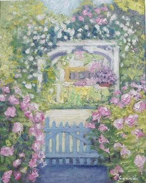 Original Impressionist Oil Painting, Garden Gate Surrounded by Flowers