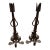Pair of hand-forged wrought-iron andirons featuring a Gothic design and hand-crafted blacksmith work. “Tulip finials....