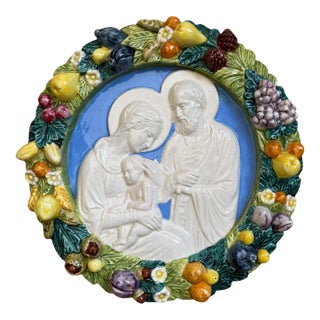 Vintage Italian Majolica Pottery Della Robbia Style Wall Plaque For Sale