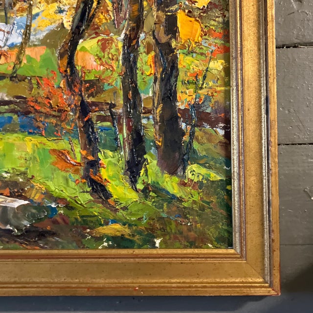 Impressionist 1960’s Vintage Impressionist Fall Landscape With Trees & Stream Painting Wood Frame For Sale - Image 3 of 4