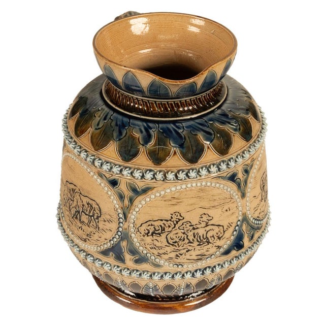 Traditional Antique Aesthetic Movement Doulton Lambeth Hannah Barlow Stoneware Jug Sheep, 1873 For Sale - Image 3 of 17