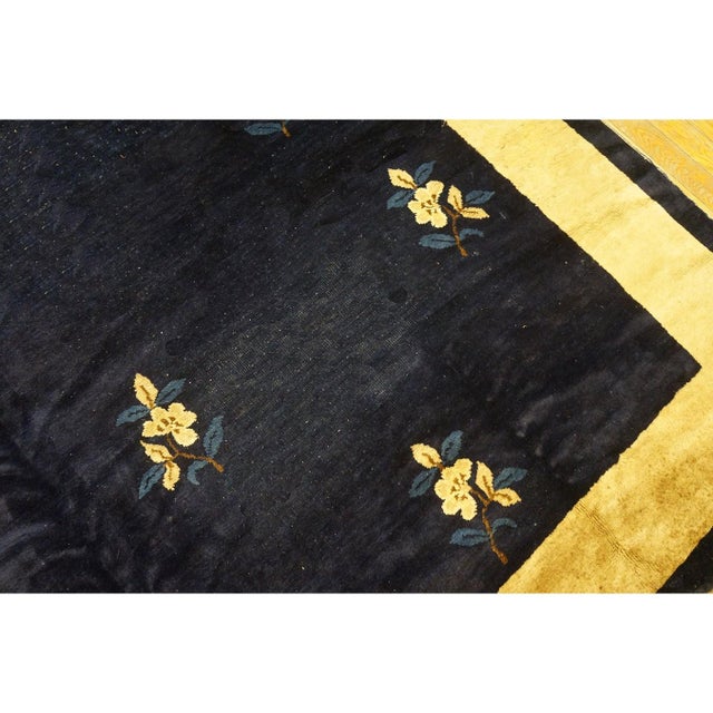 Textile 1920s Navy Minimalist Floral Deco Antique Chinese Peking Small Rug 5'9" X 11' 3" For Sale - Image 7 of 8