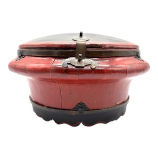 Antique Asian Red Lacquered Wood Covered Rice Bowl With Metal Hardware For Sale