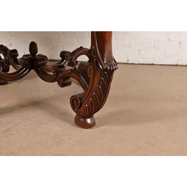 Henredon Italian Provincial Carved Walnut and Burl Wood Pedestal Extension Dining Table, Newly Refinished For Sale - Image 12 of 14