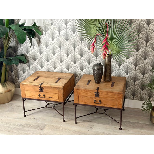 Mexican Vintage Rustic Mexican Pine Wood and Wrought Iron and Brass Storage Trunk Chest Side Tables - A Pair For Sale - Image 3 of 15