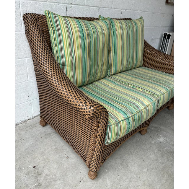 Boho Chic Tommy Bahama Weathered Resin Wicker Sofa For Sale - Image 3 of 10