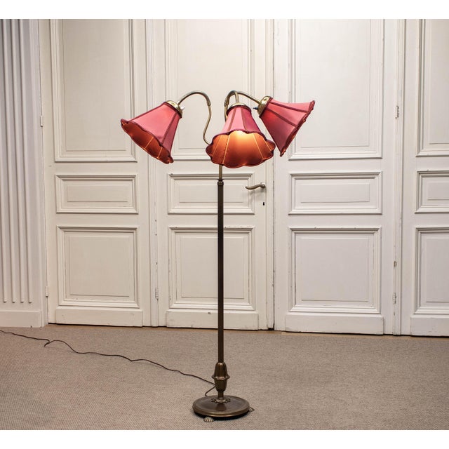 Metal Swedish Floor Lamp with Red Satin Shades, 1940s For Sale - Image 7 of 10