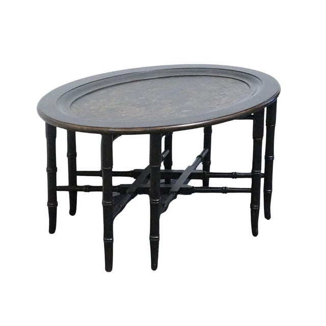 ETHAN ALLEN Asian Inspired Faux Bamboo Black and Gold 35" Accent End Table / Serving Tray 13-8230 19.5" High 35" Wide...