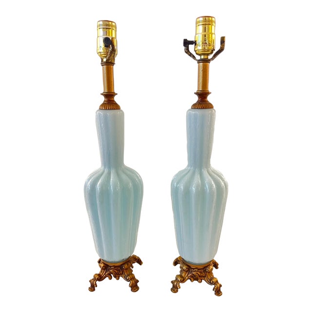 Mid 20th Century Pale blue Murano glass table lamps with gold metal and marble bases - a Pair For Sale