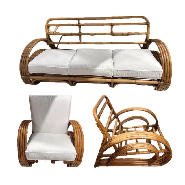 This beautifully restored Art Deco Rattan living room set includes matching sofa and two lounge chairs. All were...