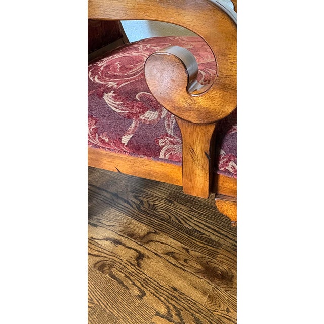 Wood Powell Burgundy Tapestry Carved Wood Scroll-Arm Accent Chairs - Pair For Sale - Image 7 of 11