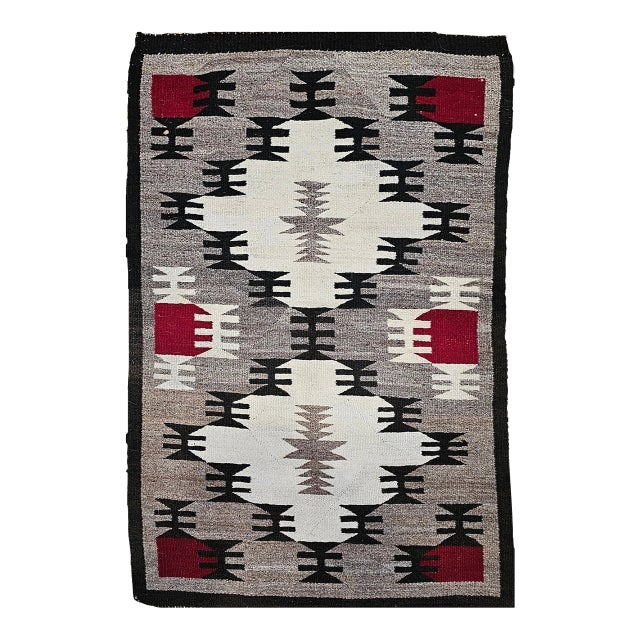 Vintage Native American Navajo Rug, Handwoven Wool, Allover Pattern, Ivory & Gray, 3x4 For Sale