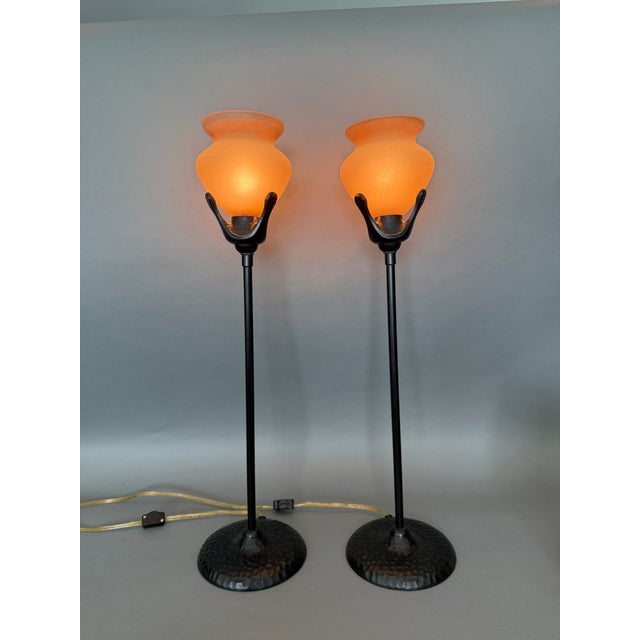 Beaux-Arts Vintage Torchiere Torch Light Vase Shaped Amber Beaux Arts Mission Style Table Lamps - A Pair For Sale - Image 3 of 16