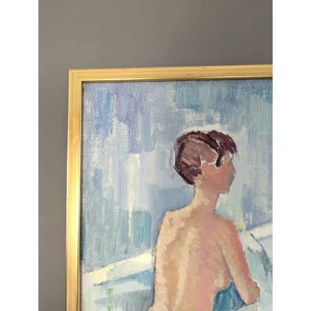 Textile Mid-Century Modern 'Bath Time' Figurative Portrait Oil Painting, Framed For Sale - Image 7 of 11
