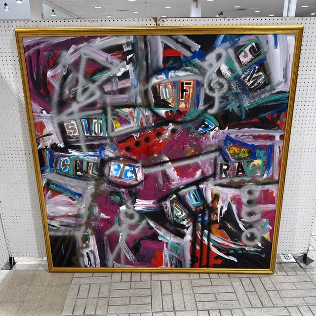 This artwork is a bold and chaotic abstract mixed media or acrylic painting, filled with vibrant energy and street-art...
