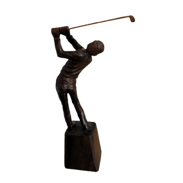 Figurative Carved Swinging Golfer Statue on Plith Base For Sale - Image 3 of 4