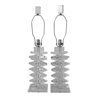 Pair of Mid Century Karl Springer Style Stacked Triangular Lucite Lamps, 1970's For Sale