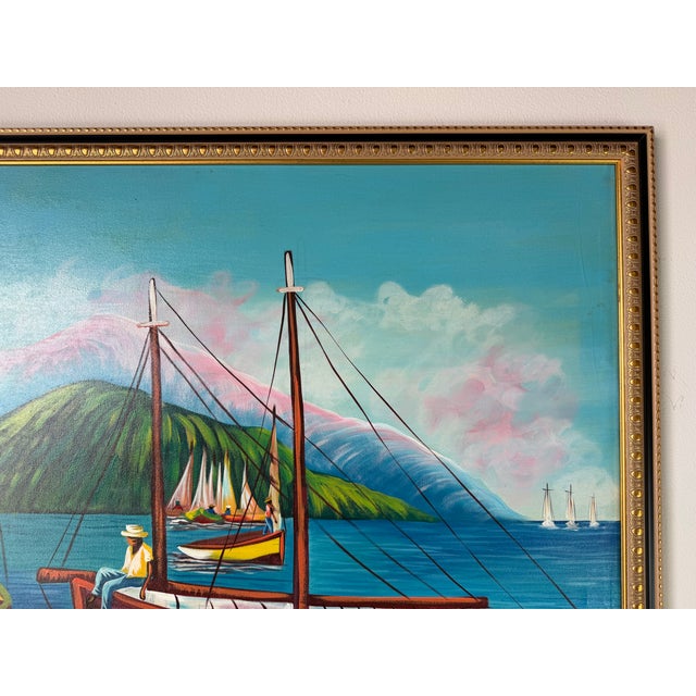 Blue Telfort Emmanuel ( 1964-1987 ) Haitian Folk Art Oil Painting on Canvas - Framed For Sale - Image 8 of 11