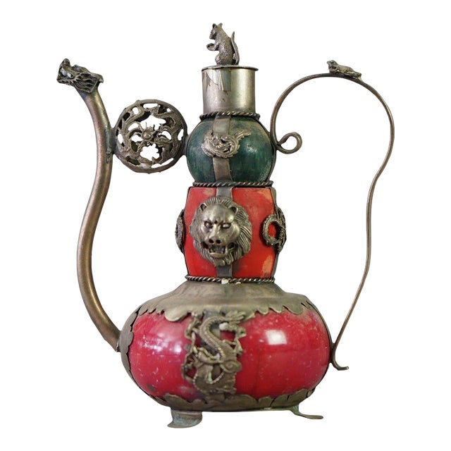 Chinese Porcelain Miniature Teapot with Silver-Tone Overlay, Early 20th Century For Sale