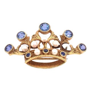 14 Karat Yellow Gold Tiara Crown Pin or Brooch, Pearls and Sapphire For Sale