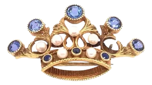 14 Karat Yellow Gold Tiara Crown Pin or Brooch, Pearls and Sapphire