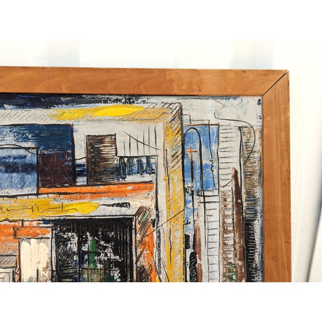 Paint Richard Dempsey Early Modern Orange, Blue, and Yellow Toned Abstract City Landscape Painting, Mid 20th Century For Sale - Image 7 of 12