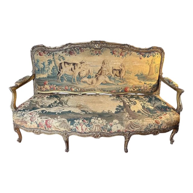 Louis XV Style Giltwood Canape Upholstered in 18th Century Beauvais Tapestry, Manner of Jean-Baptiste Tilliard For Sale