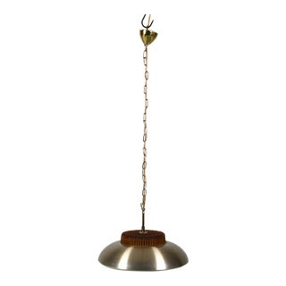 1970s Danish Modern Brushed Aluminum & Amber Glass Saucer Pendant For Sale