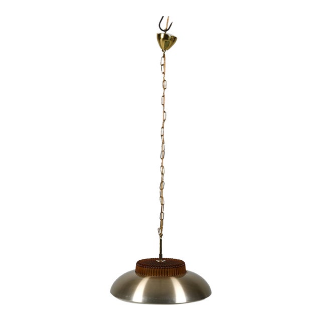 1970s Danish Modern Brushed Aluminum & Amber Glass Saucer Pendant For Sale