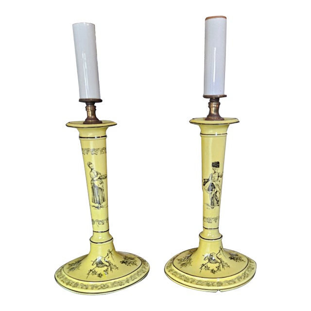 1970's Mottahedah Yellow Crepe Candlestick Lamps - a Pair For Sale