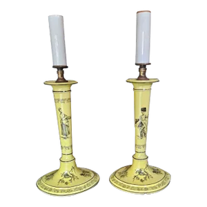 1970's Mottahedah Yellow Crepe Candlestick Lamps - a Pair