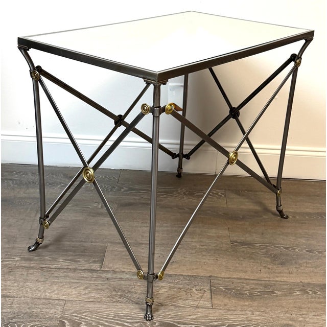 Maison Jansen Style French Neoclassical Steel & Brass Mirrored Gueridon Table For Sale - Image 12 of 13