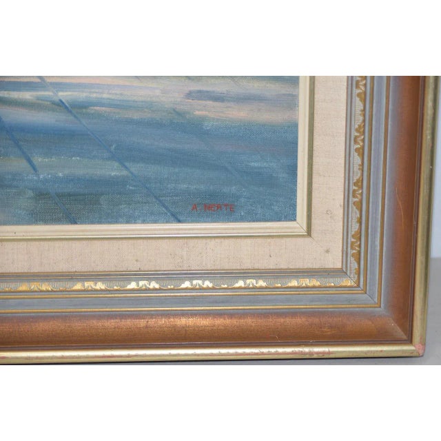 Impressionist City Scene by A. Neate A bus heads down a wide street in an urban landscape. A fine painting signed in the...