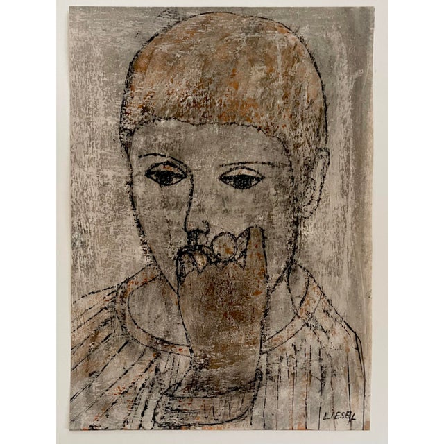 Mid-century original portrait painting of woman with ring. Shades of gray, black, tan and burnt orange. Artist signed.