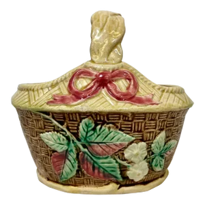 Antique 19th Century Majolica Basket/ Planter With Intricate Weave Pattern and Delicate White Flowers