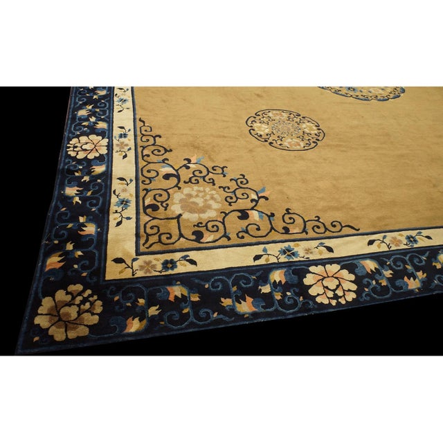 Antique Chinese - Peking Square Room Size Wool Blue Navy, Camel Rug, Country of Origin: China, Circa Date: 1890s. This...