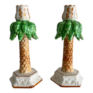 1960s Porcelain Ceramic Palm Tree Taper Candle Holders - a Pair For Sale