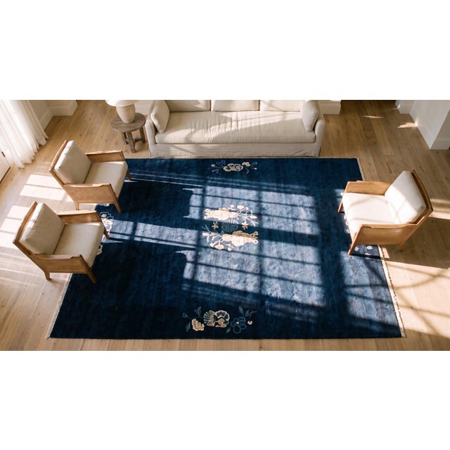 1920s Blue Navy Vase Minimalist Antique Chinese Peking Knotted Wool Rug Carpet For Sale - Image 15 of 15
