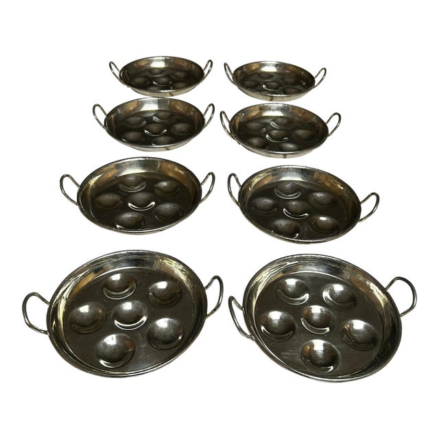 Mid 20th Century Set of Vintage Stainless Steel Escargot Plates - Set of 8 For Sale