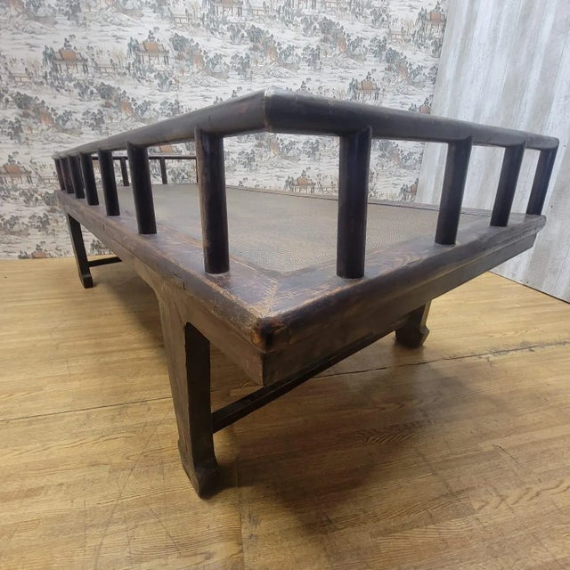 Wood Antique Shanxi Province Elm and Rattan Inlay Opium Bed For Sale - Image 7 of 13