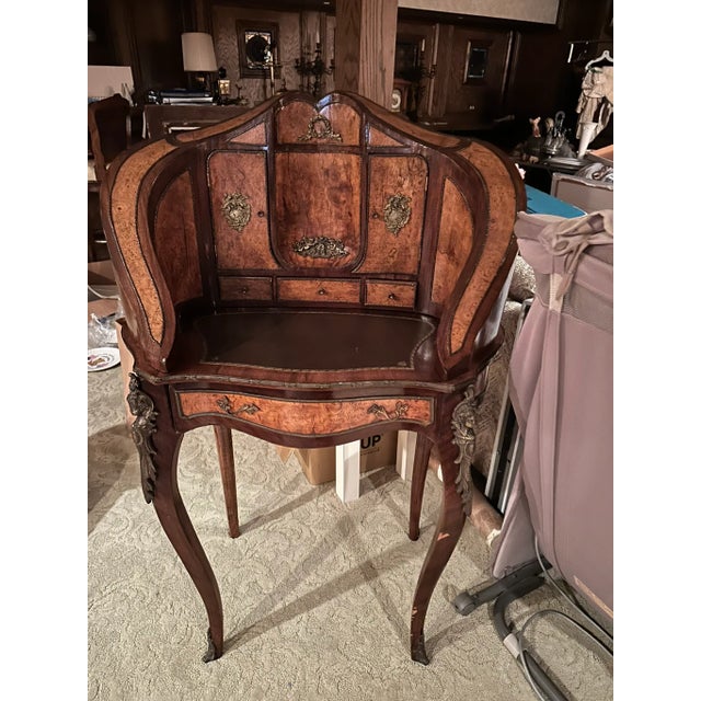 Antique French-Style Writing Desk With Ornate Carvings & Inlaid Wood For Sale In Chicago - Image 6 of 14