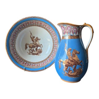 Antique English Blue Lustre Transferware Wash Basin & Ewer by Furnival C. 1840–1860 For Sale