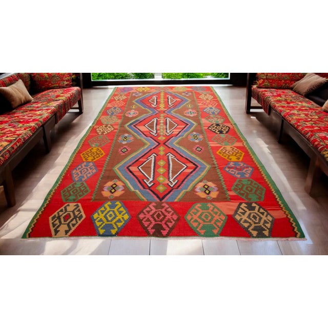 Tribal Vintage Handwoven Turkish Kilim Rug - 7′1″ X 13′1″ For Sale - Image 3 of 11