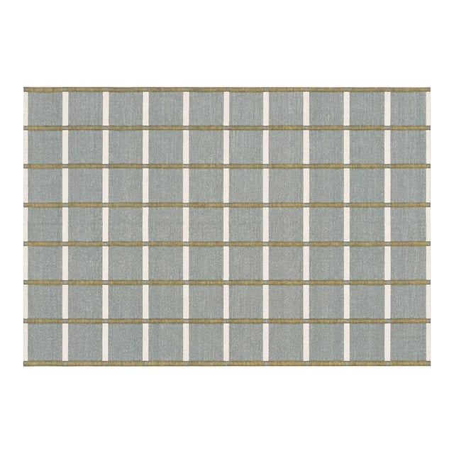 Handmade Cotton Vegetable Dyed Rug, Gray, White and Olive Green Windowpane Checked Dhurrie-6'x9' For Sale