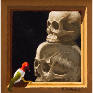 Double Talk by Shawn Sullivan | Oil Painting of a bird in front of stacked skulls For Sale