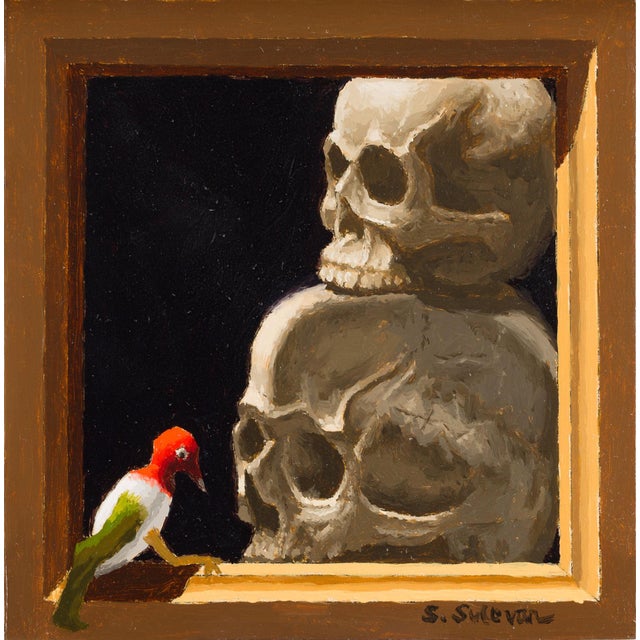 Double Talk by Shawn Sullivan | Oil Painting of a bird in front of stacked skulls For Sale