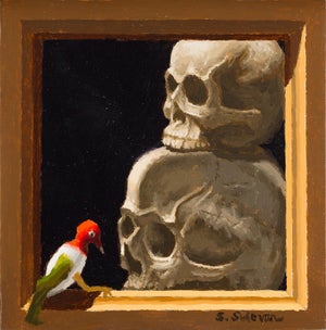 Double Talk by Shawn Sullivan | Oil Painting of a bird in front of stacked skulls