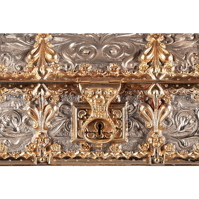 1900s Jugendstil Golden and Silver Brass Jewelry Casket With Blue Velvet-Lined Interior by Erhard & Söhne, Germany For Sale - Image 11 of 12