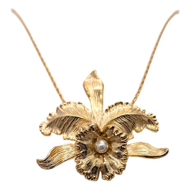 Vintage 1964 Signed Napier Goldtone & Faux-Pearl Orchid Pendant Necklace For Sale
