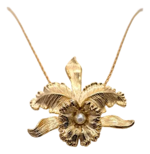 Vintage 1964 Signed Napier Goldtone & Faux-Pearl Orchid Pendant Necklace